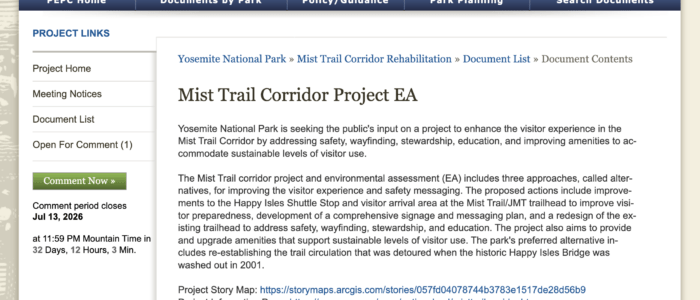 screenshot of the NPS public comment page for the Mist Trail Corridor Project EA